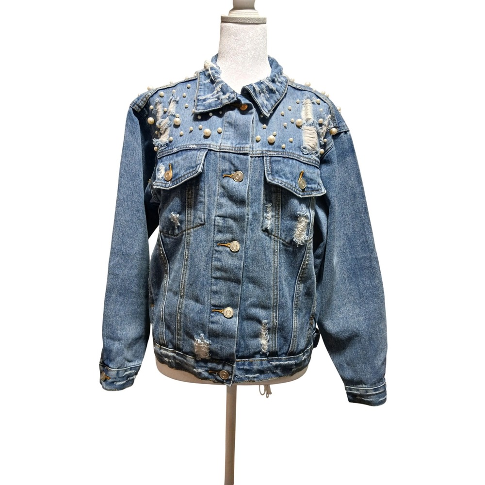 INA Womens Distressed Pearl Embellished Denim Jacket Medium Wash Blue Jean M